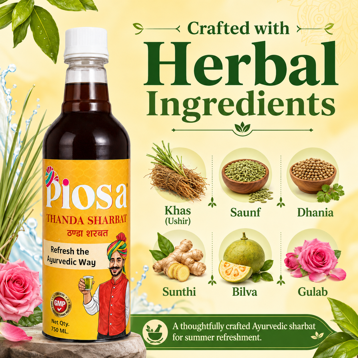 PIOSA Thanda Sharbat – Ayurvedic Summer Cooling Drink with Khas, Saunf & Herbal Ingredients - Image 4